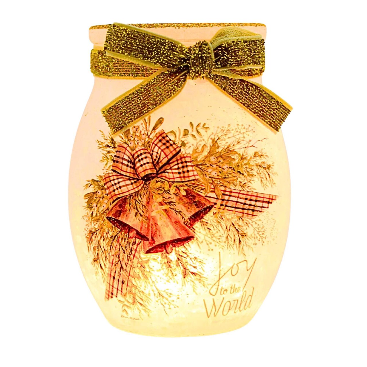 Stony Creek 4.0 Inch Holiday Bells Pre-Lit Small Jar Christmas Lighted Glass Accent , Bells Ribbon Lit Jar